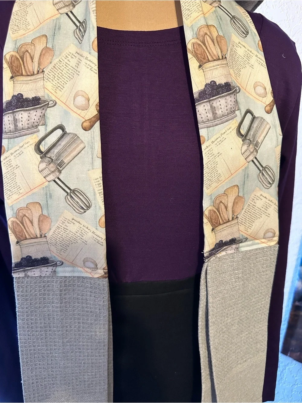 Handmade Kitchen Scarf - Baking Print with Gray Towel